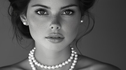 Timeless Elegance Captivating Black and White Portrait of Poised Woman Adorned with Pearl Necklace
