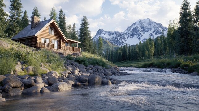 Charming log cabin next to a rushing river in a tranquil forest setting, illuminated softly by the evening light