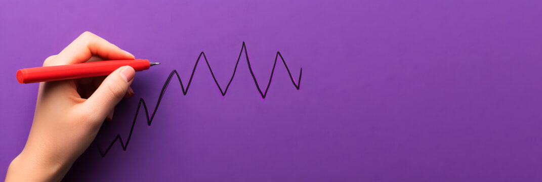 Close-up of a hand drawing a line with a red pen wide banner, purple background - Powered by Adobe