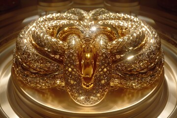 A stunning golden sculpture resembling a coiled serpent, adorned with intricate designs and reflecting light beautifully.
