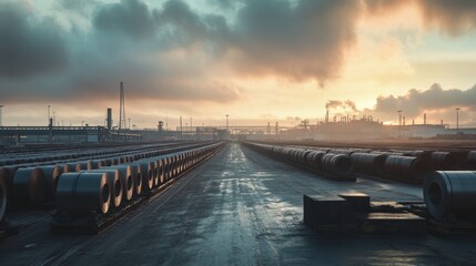 Fototapeta premium A stunning 4K panoramic view of a steel factory storage area, with rows of cold-rolled steel coils extending into the distance.