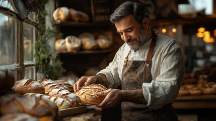 Cozy Bakery Owner Arranging Fresh Artisanal Bread in Warm Rustic Sunlit Interior