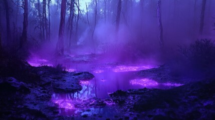 A toxic alien swamp with bioluminescent plants, misty purple gases rising from bubbling liquid pools, and a mysterious glowing fungus-covered terrain. Ultra-sharp 4K photography.