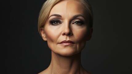 Stylish Half-Face Portrait of a Senior Woman with Elegant Makeup and Graceful Expression