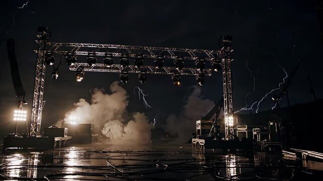 Dramatic lightning storm strikes outdoor stage before performance in the evening