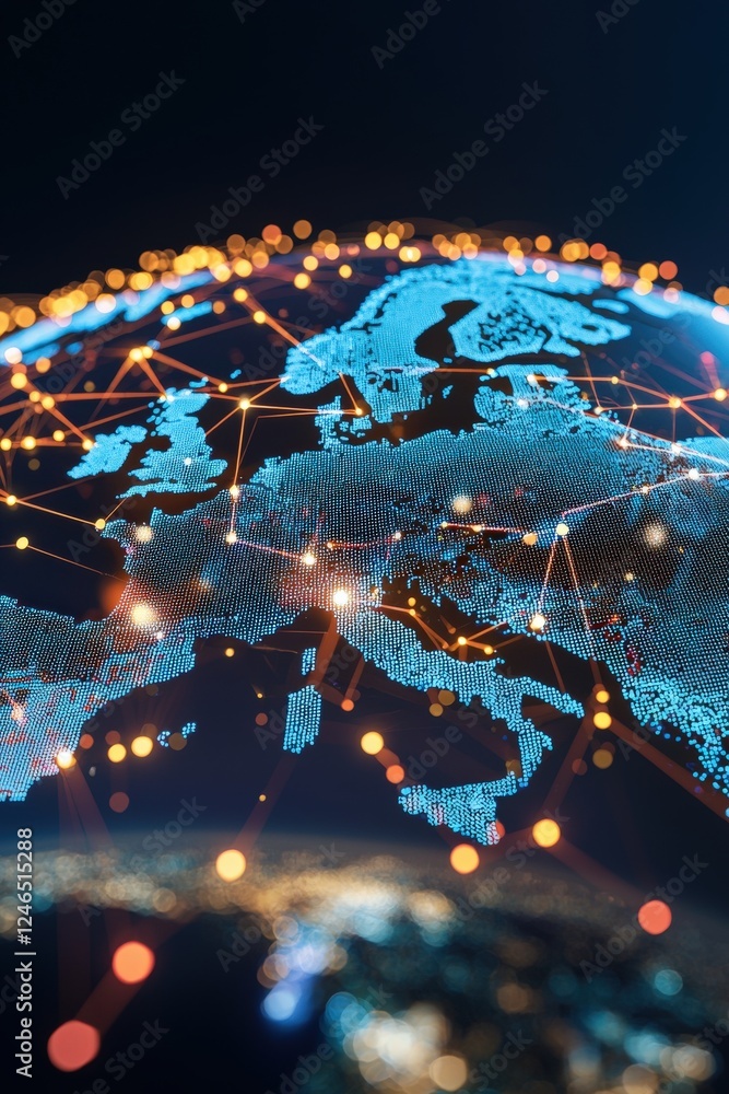 Poster a digital globe with data points glowing, representing global connections.