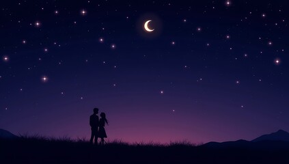 Romantic Night Sky with Twinkling Stars and Couple Silhouette