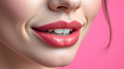 Fototapeta premium Woman with beautiful lips on pink background, closeup. Space for text. generative AI