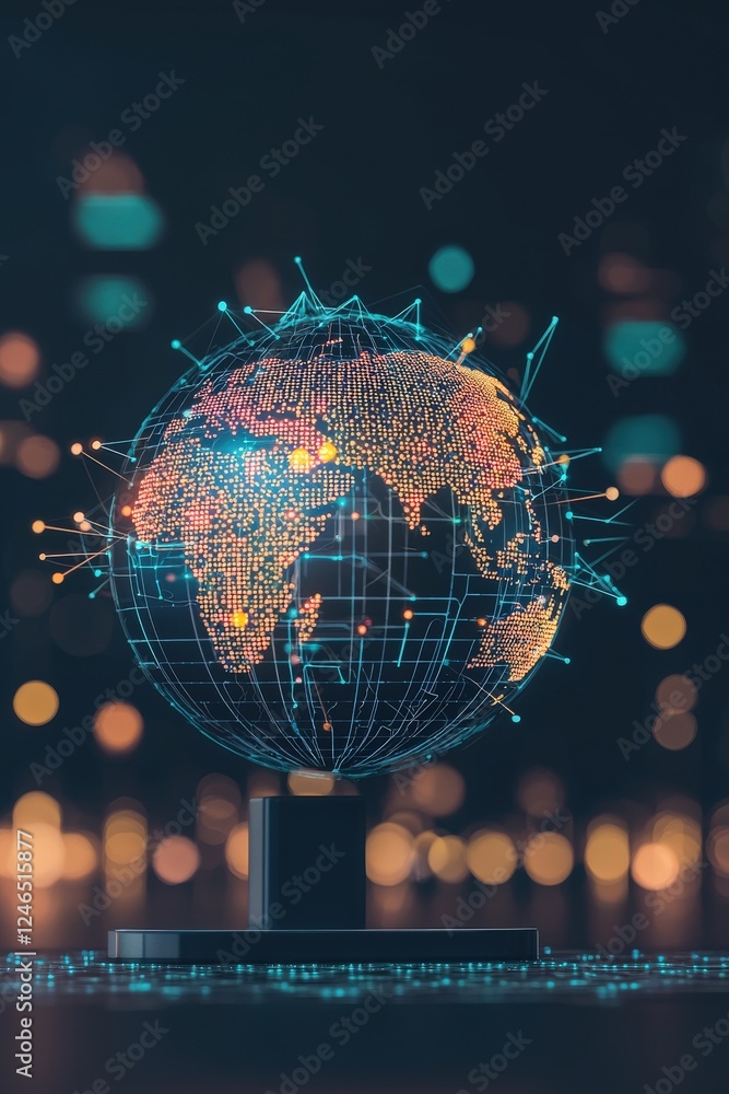 Poster a digital globe with data points glowing, representing global connections.