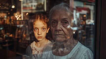 Fototapeta premium Reflection of Elderly Woman and Girl in Shop Window Captured in Natural Light