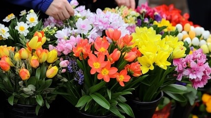 Fototapeta premium Vibrant Spring Flowers at a Market Stall