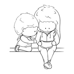 Two kids playing portable video game cartoon outline doodle illustration, kids watching video on bench isolated