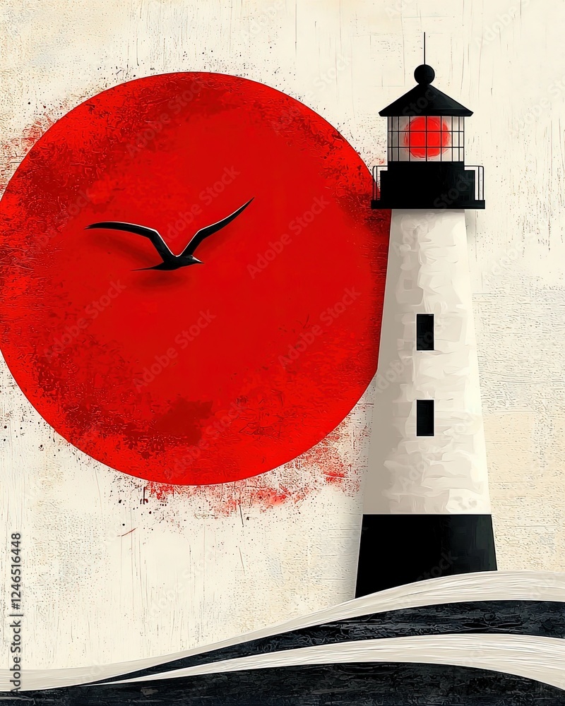 Poster flat art style icon of a lighthouse standing tall against a red circle with waves and a bird in cgi 
