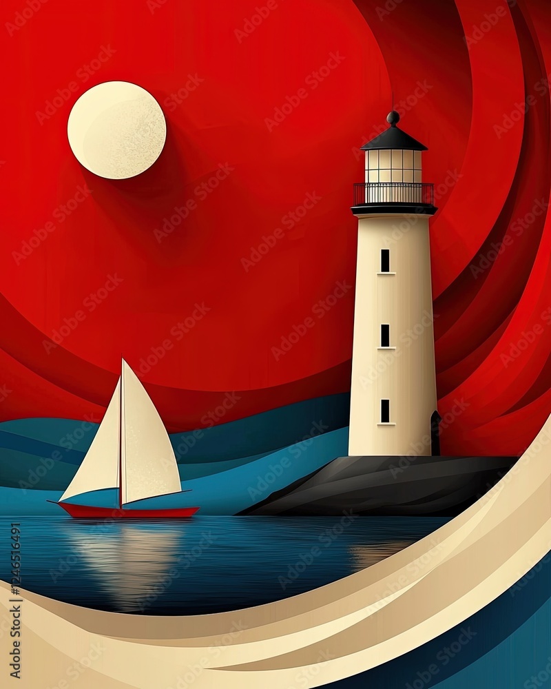 Poster flat art style icon of a tall lighthouse with sailboat against a red abstract background