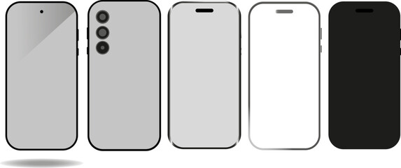  Collection of smartphone layouts. Front and rear view of the device. A mobile phone with a shadow on a white background. Vector illustration