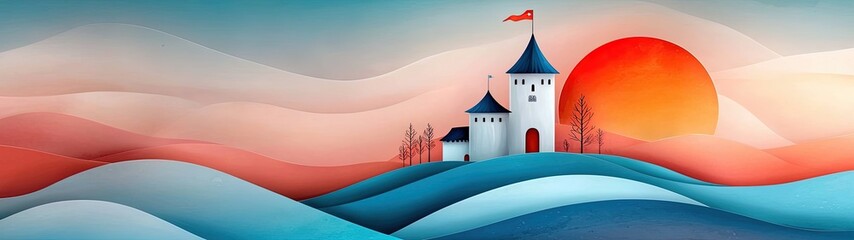 Naklejka premium Flat Art Style Icon of a Medieval Castle on a Hill with Sunset Background and Vibrant Color Palette for Fantasy Theme Illustrations