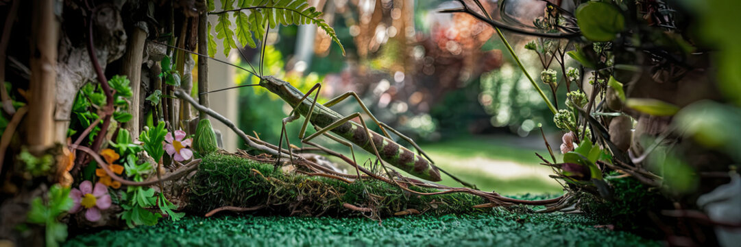 Giant Green Stick Insect in Lush Miniature Garden Setting