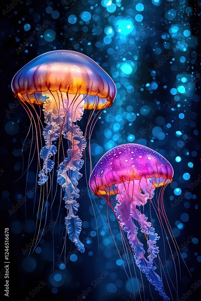 Poster glowing jellyfish in flat art style with bright colors and dreamy background creating a surreal unde