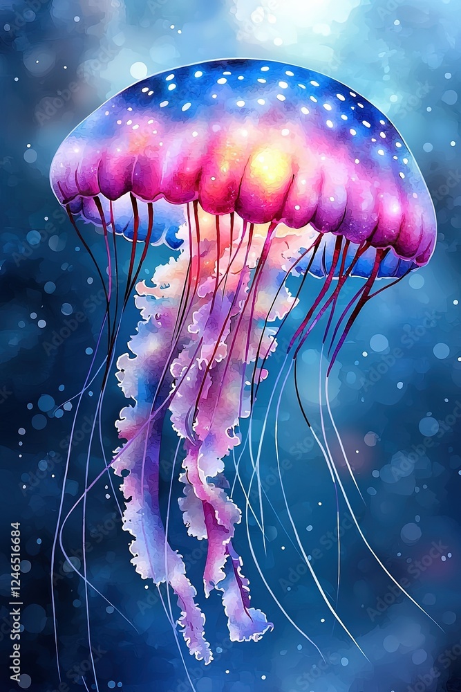 Poster glowing flat art style icon of a vibrant jellyfish in a dreamy ocean background with colorful tentac