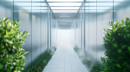 Clean pathway with modern glass walls and vibrant plants offers breath of fresh air, evoking sense of tranquility and well being