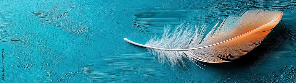 Poster delicate feather floating gracefully on textured blue surface in flat art style with soft light and 