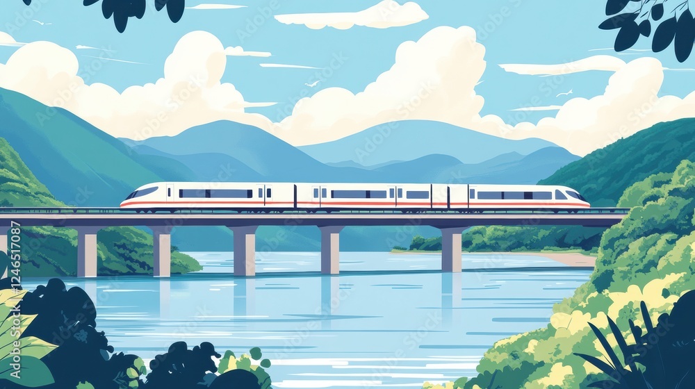 Poster scenic railway journey across a picturesque bridge above a tranquil river surrounded by lush mountai