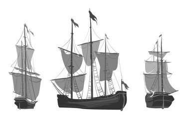 Vector black and white drawing of sailing ships. Isolated objects