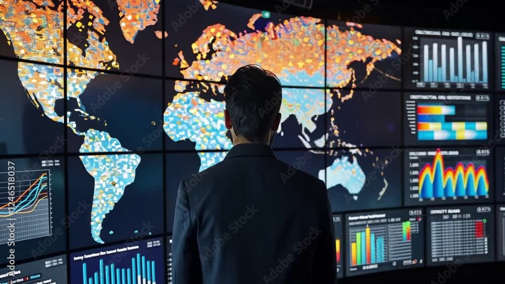 Poster exploring global data insights with advanced technology in a modern office setting