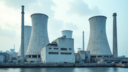 Obraz premium Industrial nuclear power plant on waterfront with skyline.