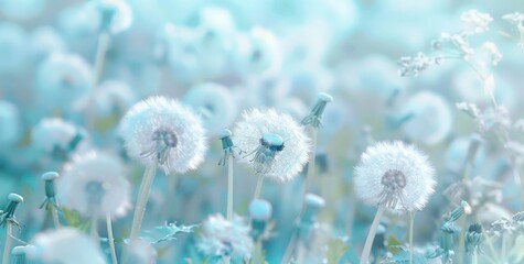 Obraz premium soft blue light summer spring pastel nature background with lots of dandelions in a pastel blue meadow panorama