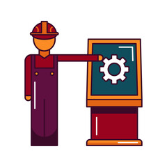 Production Monitoring by Worker with Gear Symbol Icon