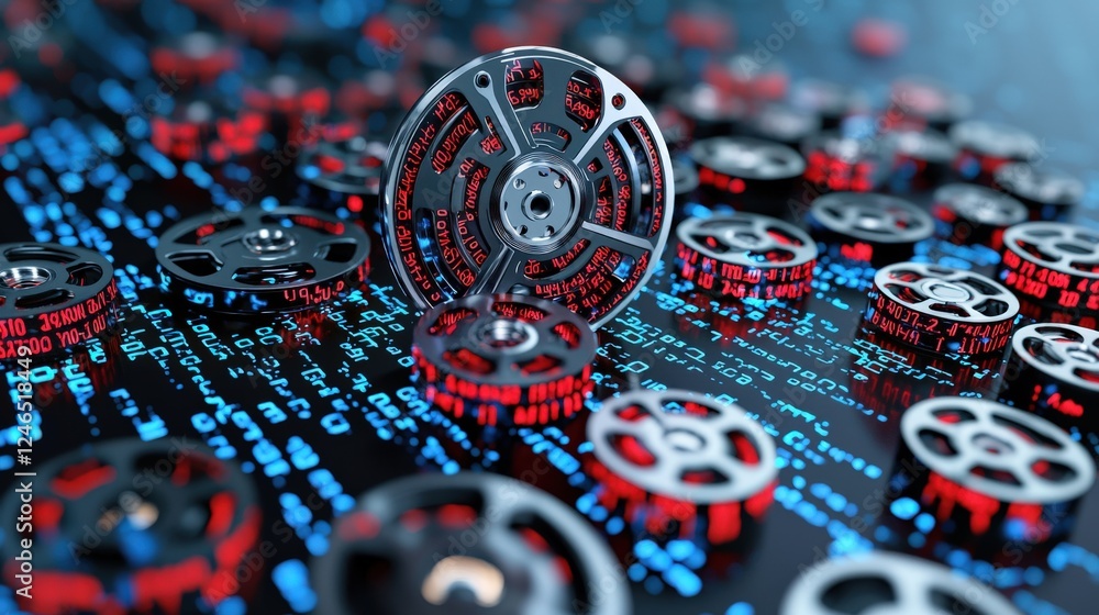 Poster a digital transformation of film reels into binary code.