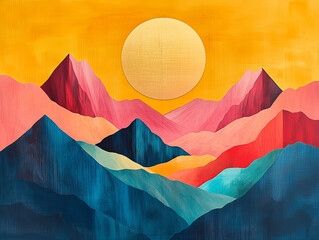 An Abstract Landscape Featuring a Bold Sun and Beautiful SnowCapped Mountain Peaks