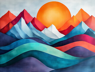 An Abstract Landscape Featuring a Bold Sun and Beautiful SnowCapped Mountain Peaks