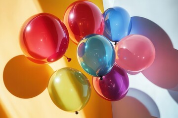 vibrant multi-colored helium balloons floating gracefully, casting soft shadows, glossy surfaces reflecting light, festive arrangement
