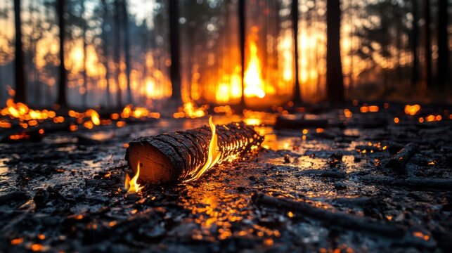 Barren charred forest floor with smoldering logs and glowing embers as distant flames create an orange horizon at twilight - Powered by Adobe