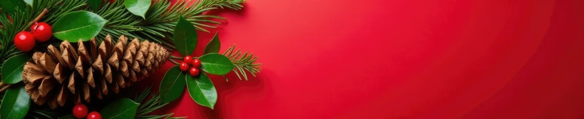 Pinecone and holly arrangement on a red background, holly, wooden, holiday