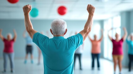 Elderly fitness class community center group activity bright room encouraging