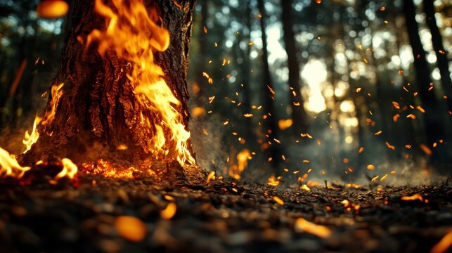 Intense flames consume a tree trunk surrounded by falling ash and thick smoke in a blurred forest backdrop - Powered by Adobe