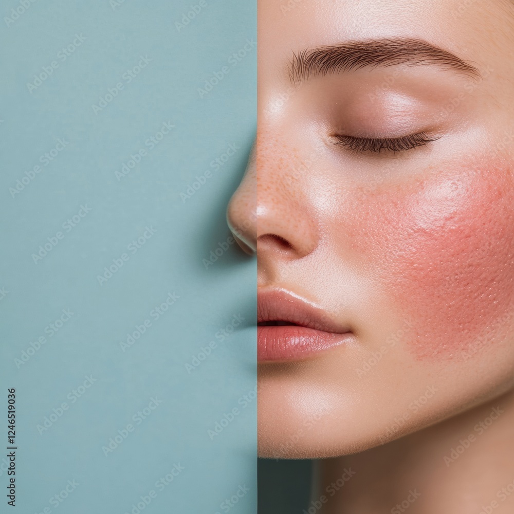 Poster transforming skin from acne and redness to smooth and glowing appearance in a split face comparison.