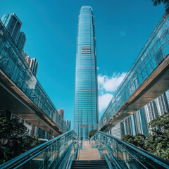 Naklejka premium Modern Skyscrapers in Hong Kong: Stunning Architectural Photography with Glass Bridges & High-Rise Views