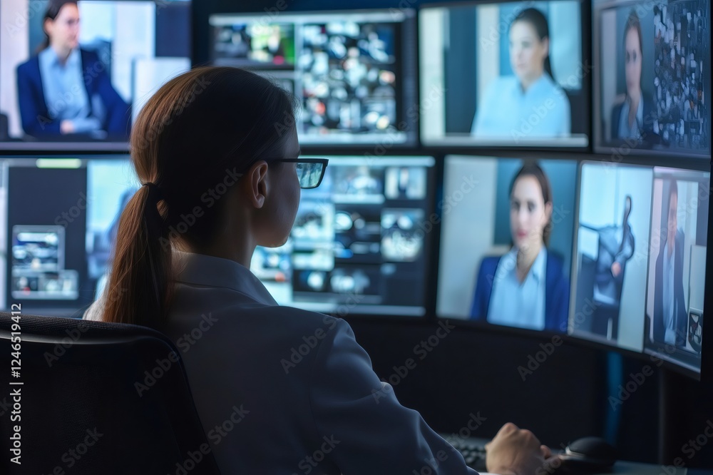 Poster female security operator working at night and monitoring multiple screens showing cctv cameras and b