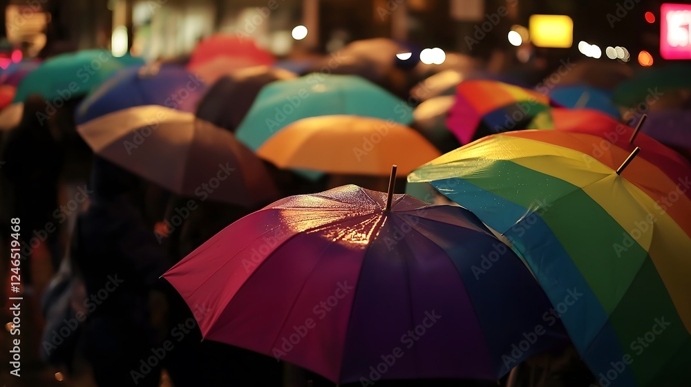 Poster Urban Nightscape Diversity: Illuminated Multicolored Umbrellas Creating Vibrant Collective Landscape, Symbolic Representation of Unity and Individual Expression