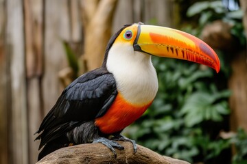 A toucan perched on a tropical tree, its large, multicolored beak vibrant against the lush green foliage