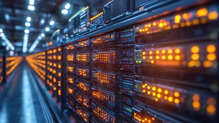 Data center servers illuminate a vast facility