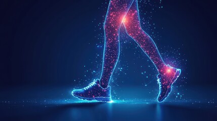Glowing legs walking, particles, energy, motion.