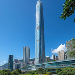 Obraz premium Modern Skyscrapers in Hong Kong: Stunning Architectural Photography with Glass Bridges & High-Rise Views