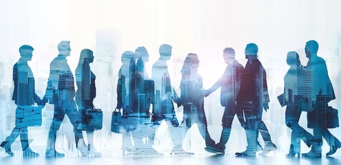 Double exposure of a diverse group of business professionals with a light blue cityscape backdrop. Abstract business concept blending urban environment with people, with soft light rays and shadow 