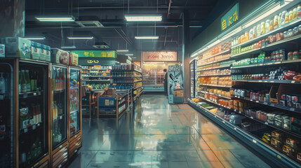 Fototapeta premium Supermarket shopping a serene environment showcasing purpose, highly detailed and vibrant, realistic yet creative depiction, emphasizing context and action