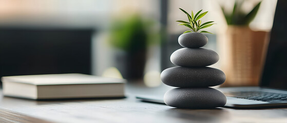 pile of stones standing on the desk, next to laptop as a zen symbol, work-life balace, staying calm and focused on tasks to do; widescreen banner with copy space